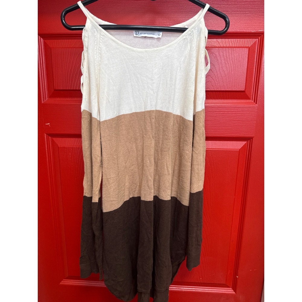 New York & Company Cold Shoulder Colorblock Knit Tunic Top Brown Tan Cream Large